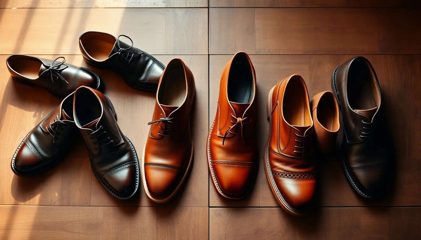 Collezione di scarpe uomo in pelle artigianali su fondo in legno rustico