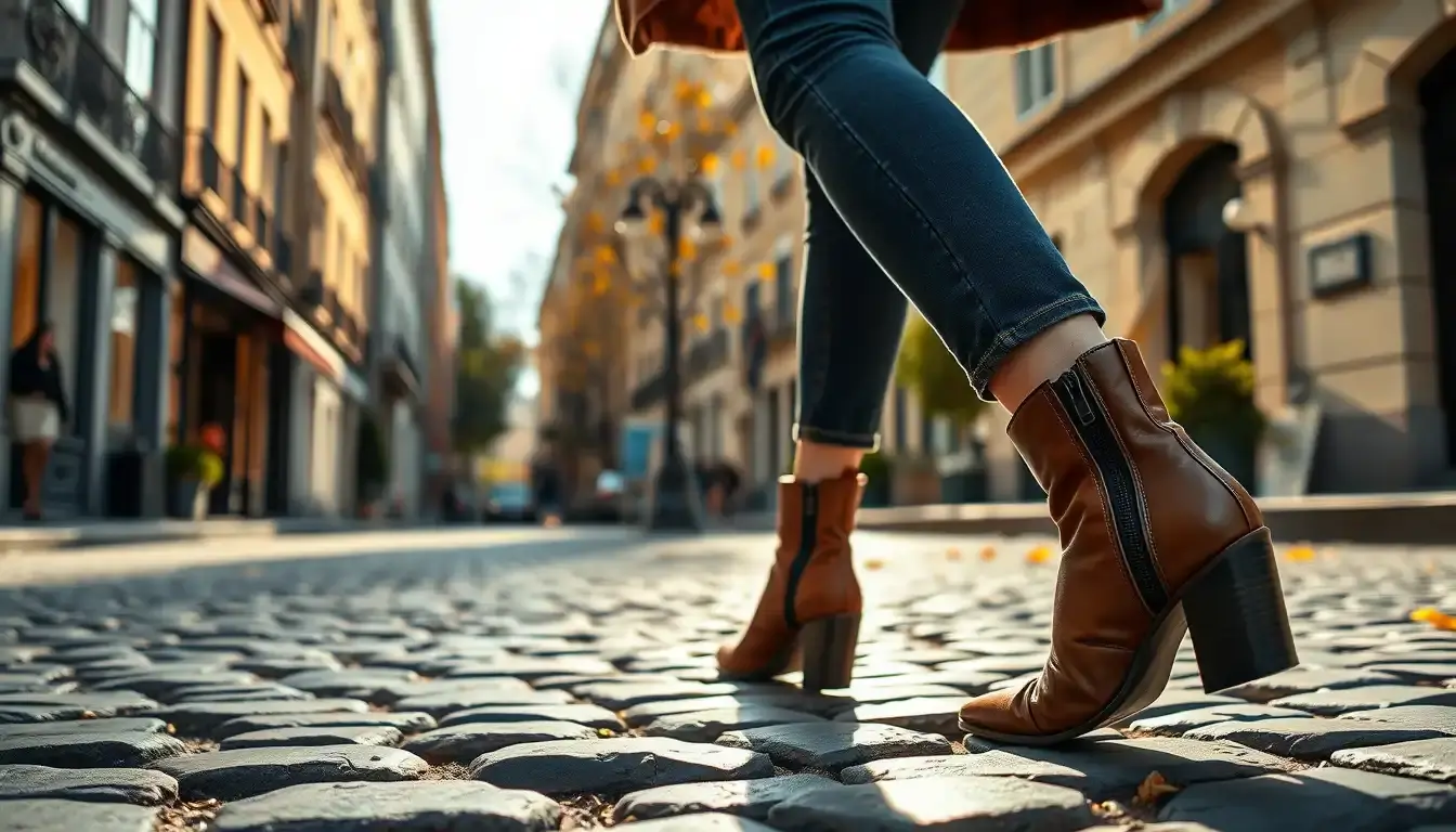 Donna con eleganti stivaletti donna in pelle cammina su una strada acciottolata al tramonto