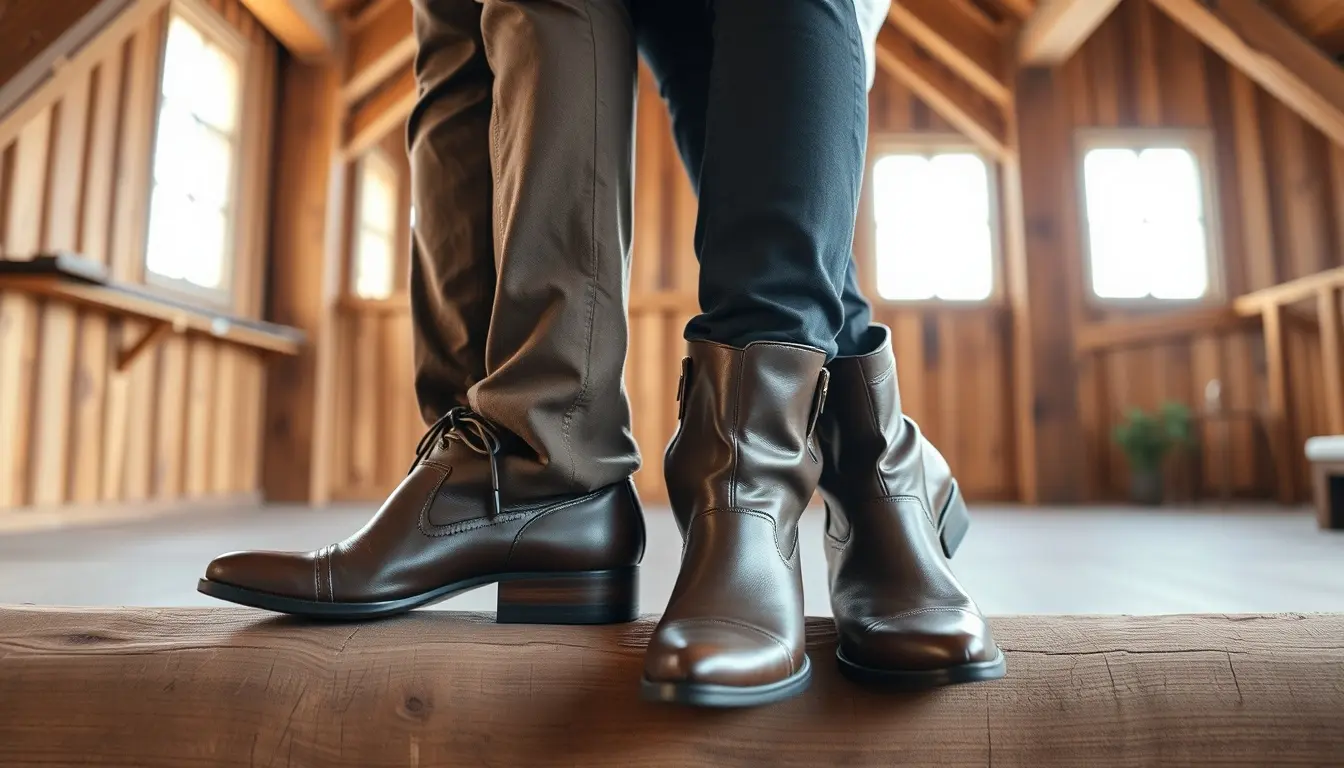 Eleganti stivali in pelle marrone artigianali su superficie di legno vintage