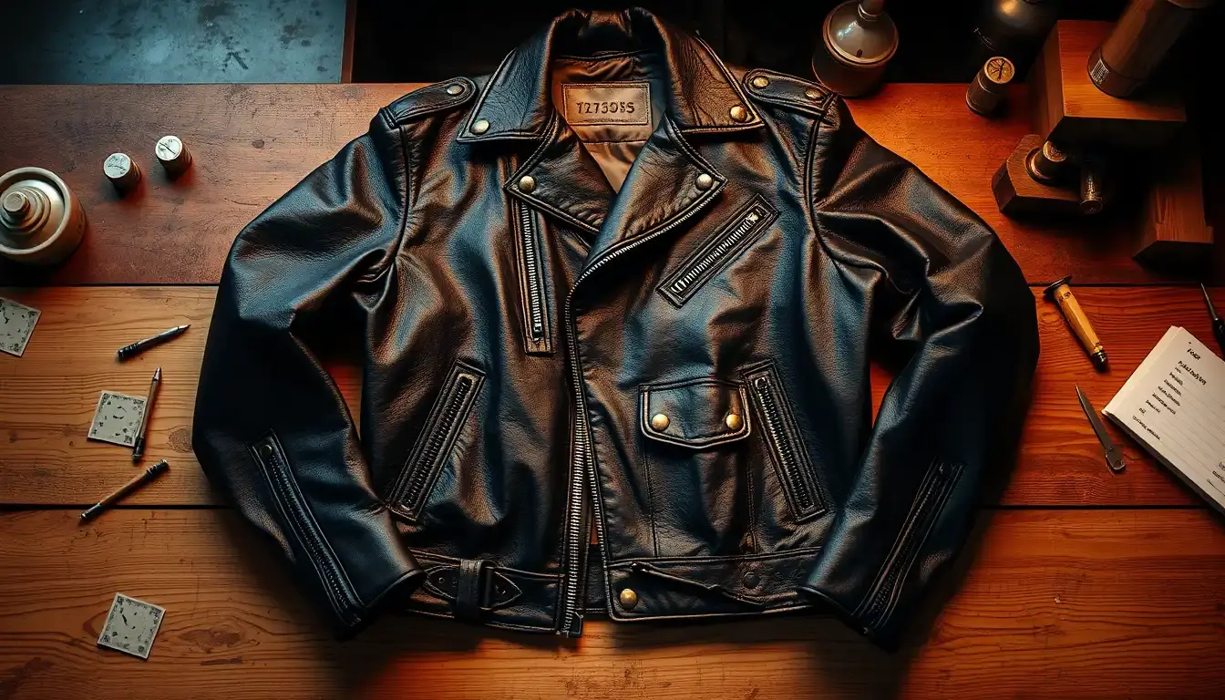 Chiodo di pelle nero con borchie in stile punk poggiato su un tavolo di legno.