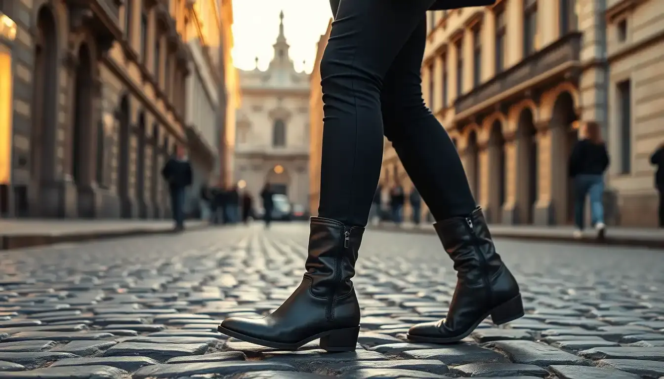 Donna elegante con stivali pelle donna cammina su una strada acciottolata al tramonto