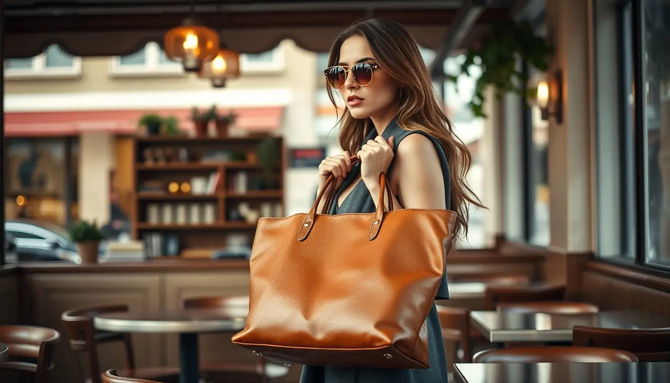 Elegante borsa tote in vera pelle nera appoggiata su un tavolino da caffè