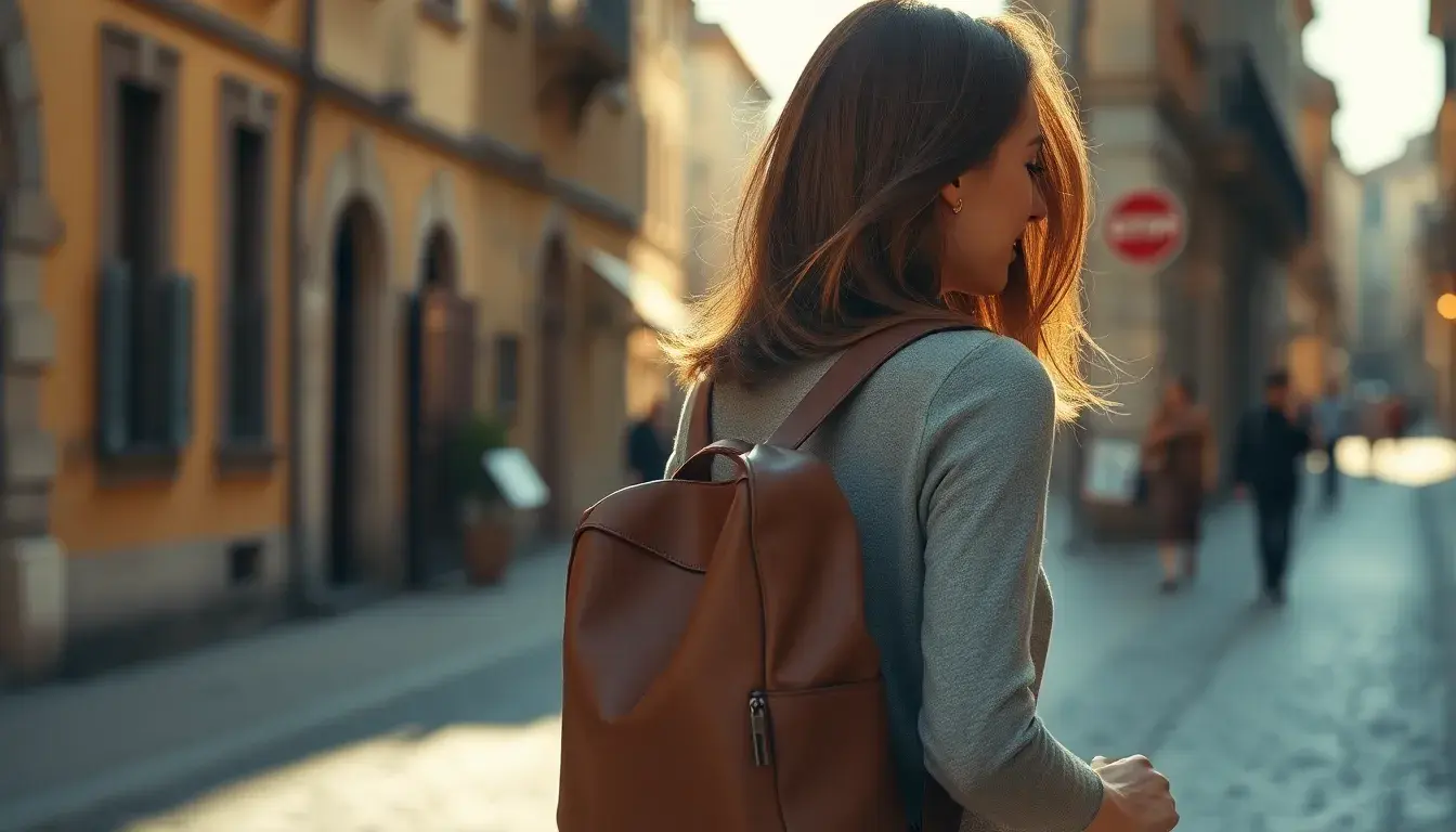 Elegante zaino di pelle donna marrone indossato in una strada acciottolata