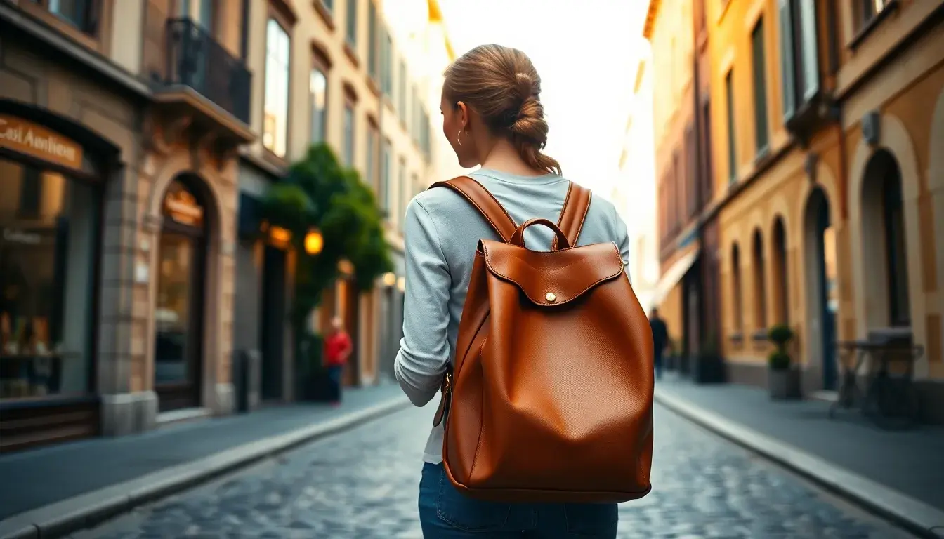 Donna elegante con uno zaino in pelle color cognac su una strada acciottolata