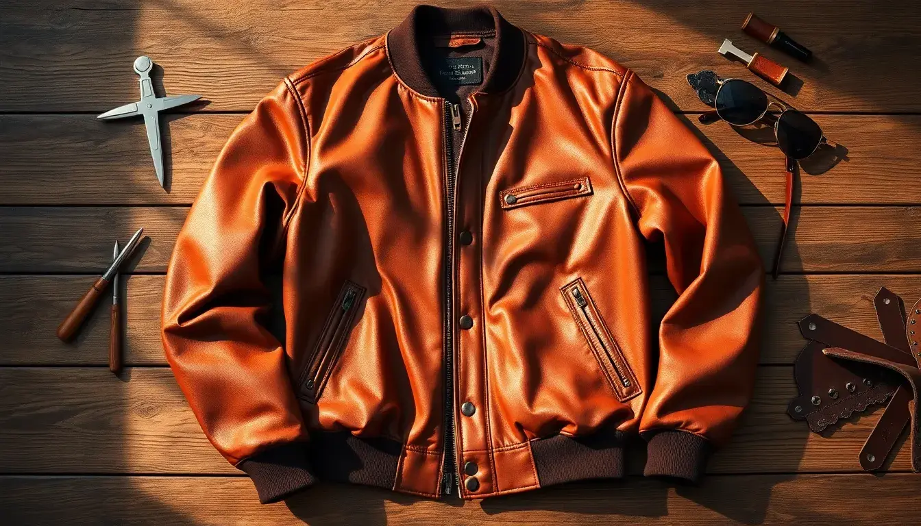 Bomber in pelle pieno fiore color cognac su tavolo di legno rustico con strumenti artigianali