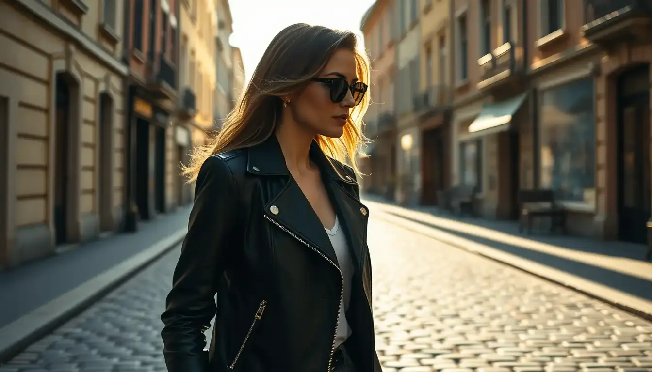 Donna con giacca di pelle nera premium cammina in una strada urbana soleggiata.
