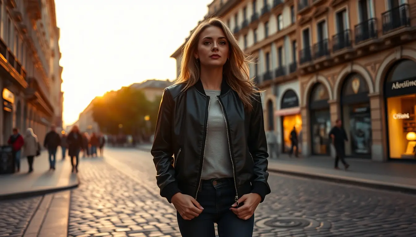 Donna con bomber pelle nero di alta qualità cammina in una strada urbana elegante.
