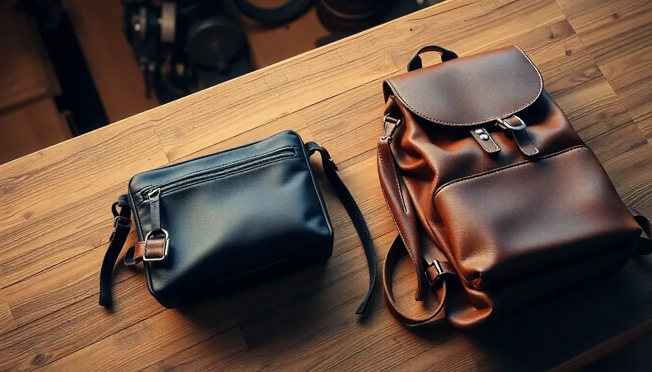 Selezione di borse in pelle nera di alta qualità su un tavolo di legno artigianale