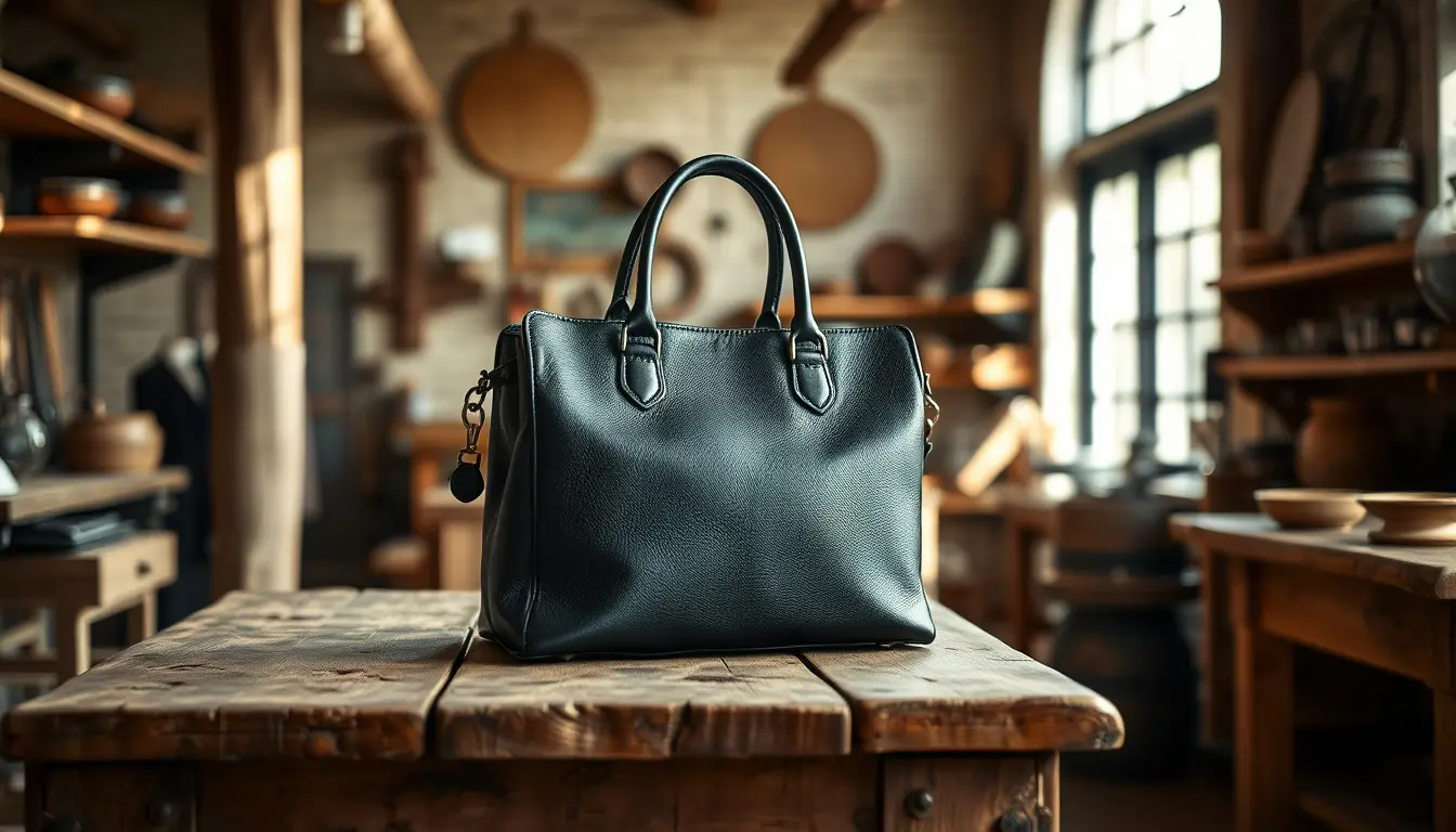 Borsa nera in pelle di alta qualità su un tavolo di legno in un laboratorio artigianale