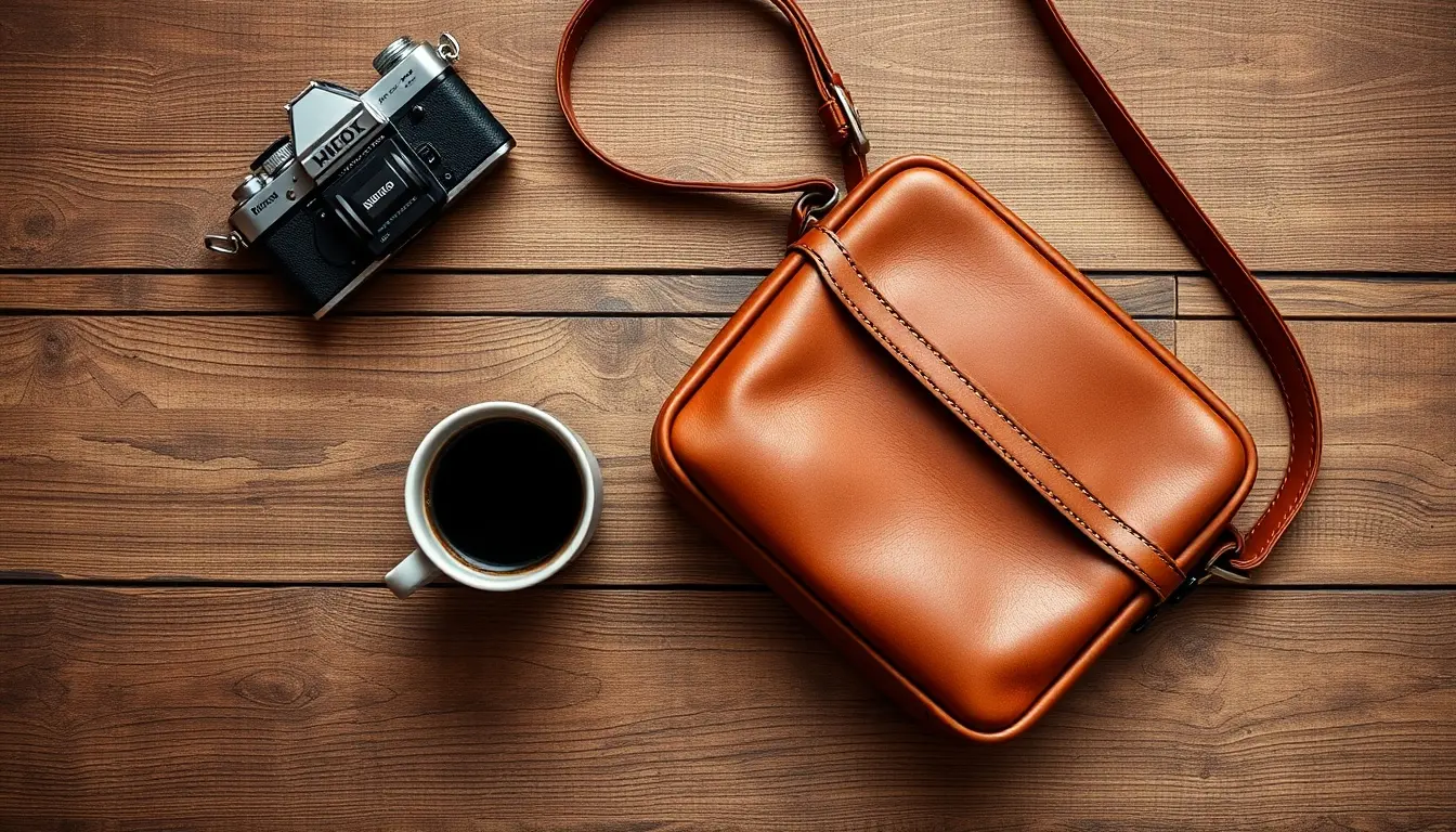 Borsa pelle tracolla color cognac su tavolo di legno rustico con accessori vintage