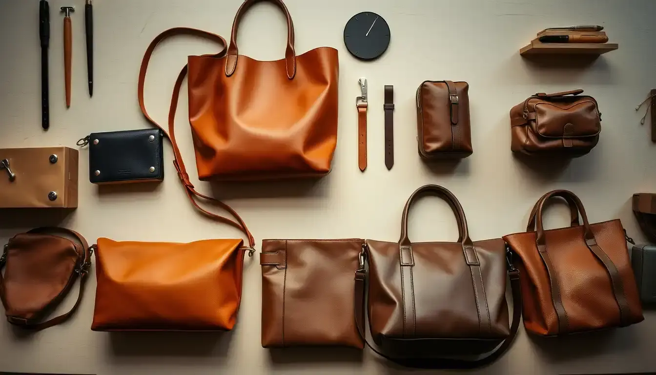 Collezione di borse di vera pelle di alta qualità in un laboratorio artigianale