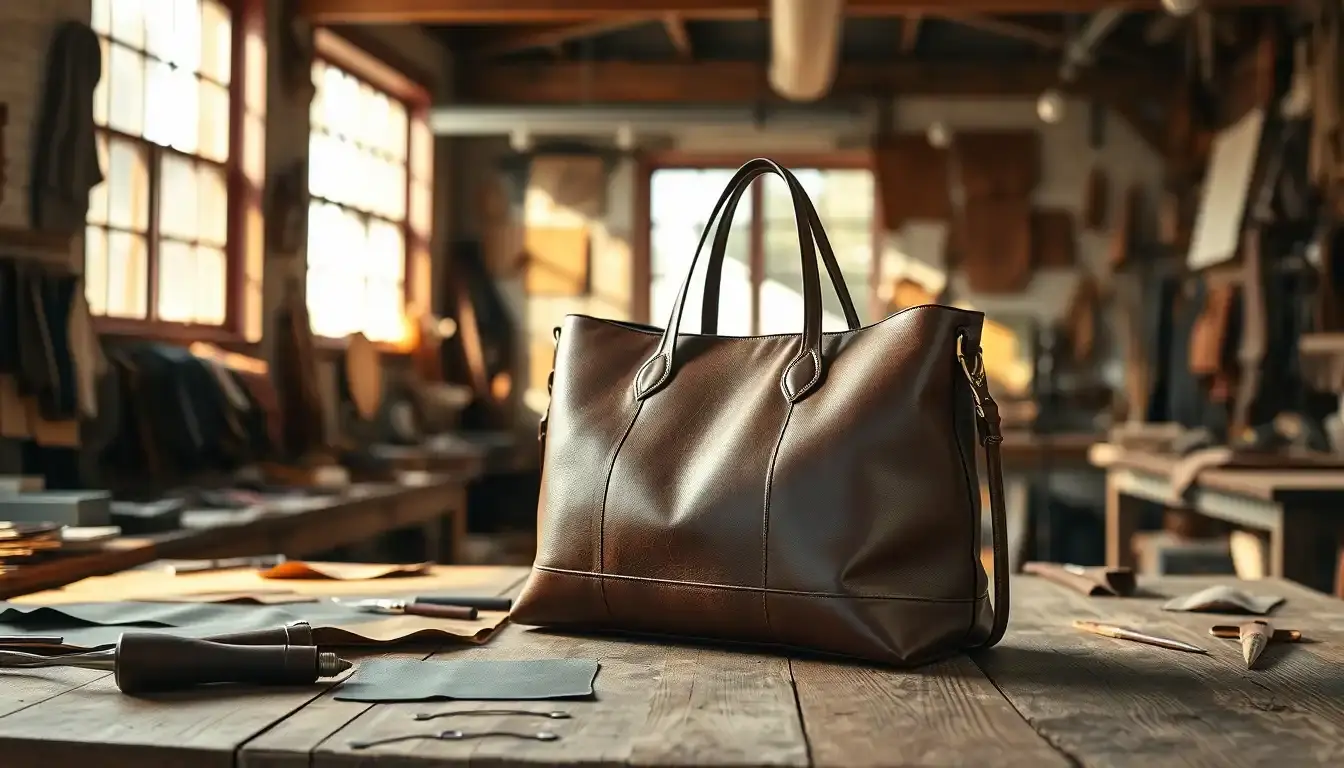 Borsa tote in vera pelle nera in un laboratorio artigianale con luce soffusa