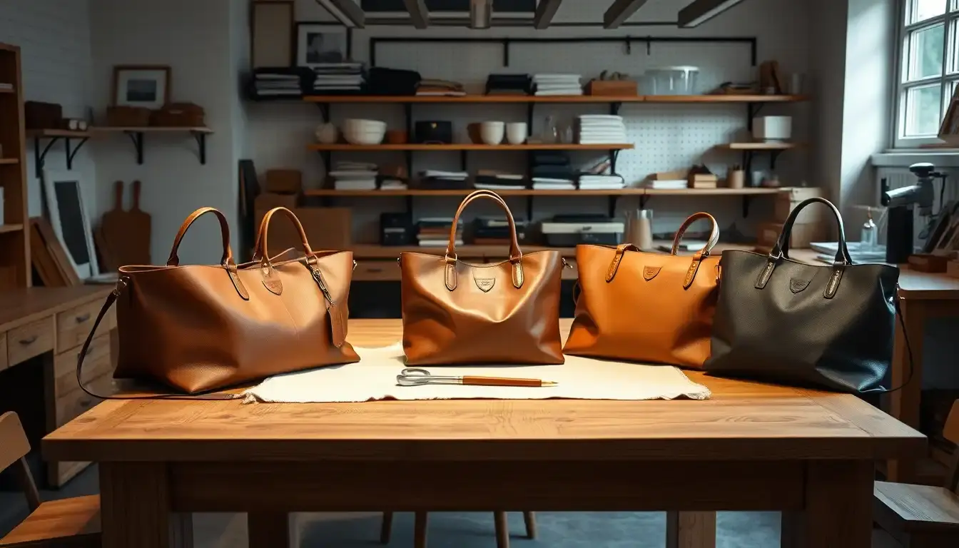Collezione di borse in vera pelle scontate artigianali su un banco da lavoro in legno