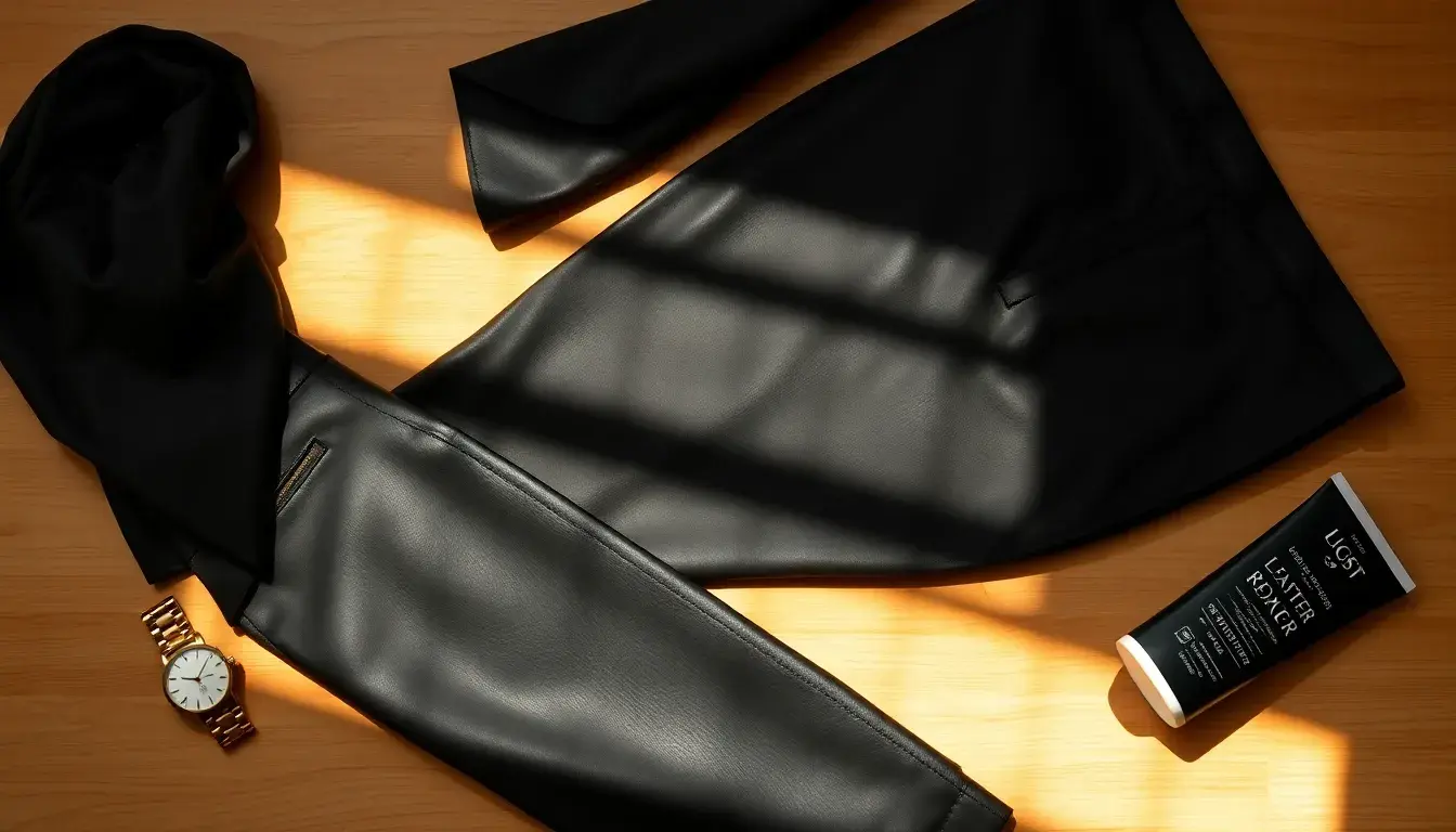 Pantaloni in pelle donna neri di alta qualità in un set fotografico elegante e luminoso