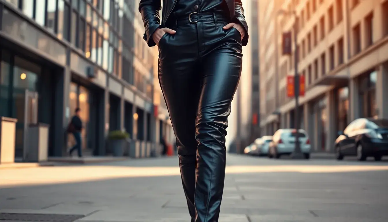 Donna elegante indossa pantaloni in pelle nera in un contesto urbano moderno