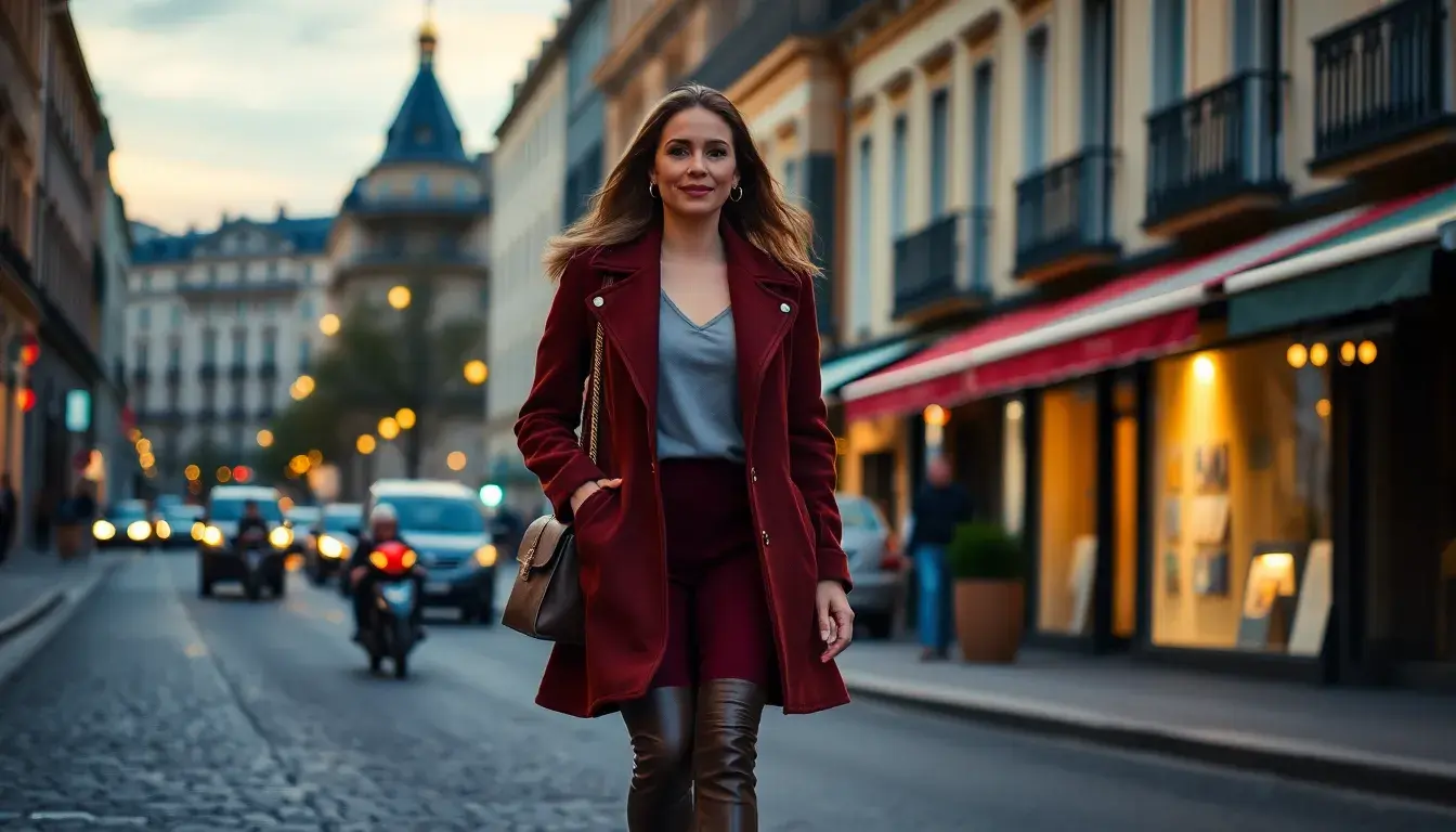 Eleganti stivali donna in pelle nera indossati durante una camminata urbana autunnale