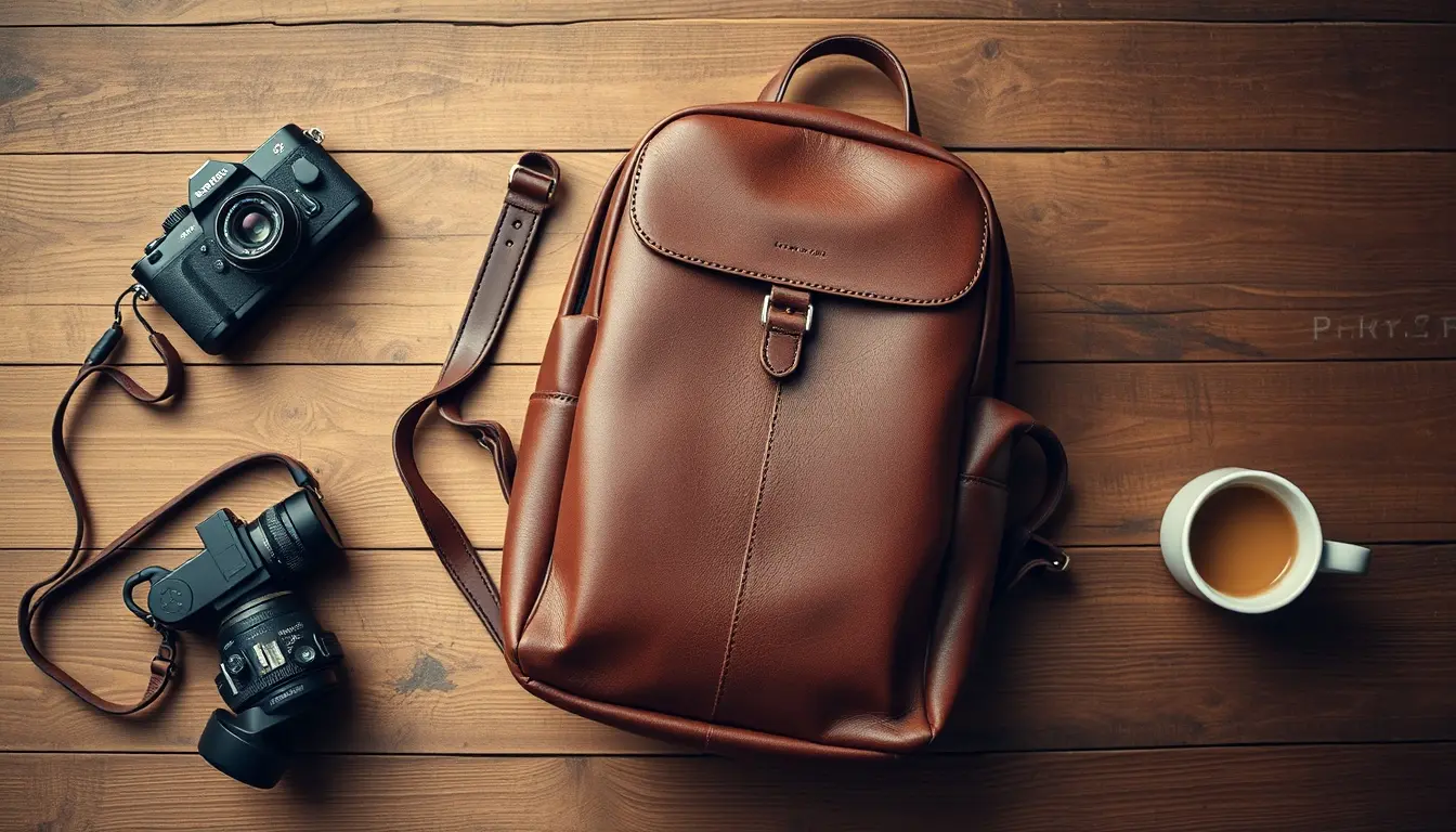 Zaino in pelle uomo marrone vintage su tavolo di legno con accessori da viaggio