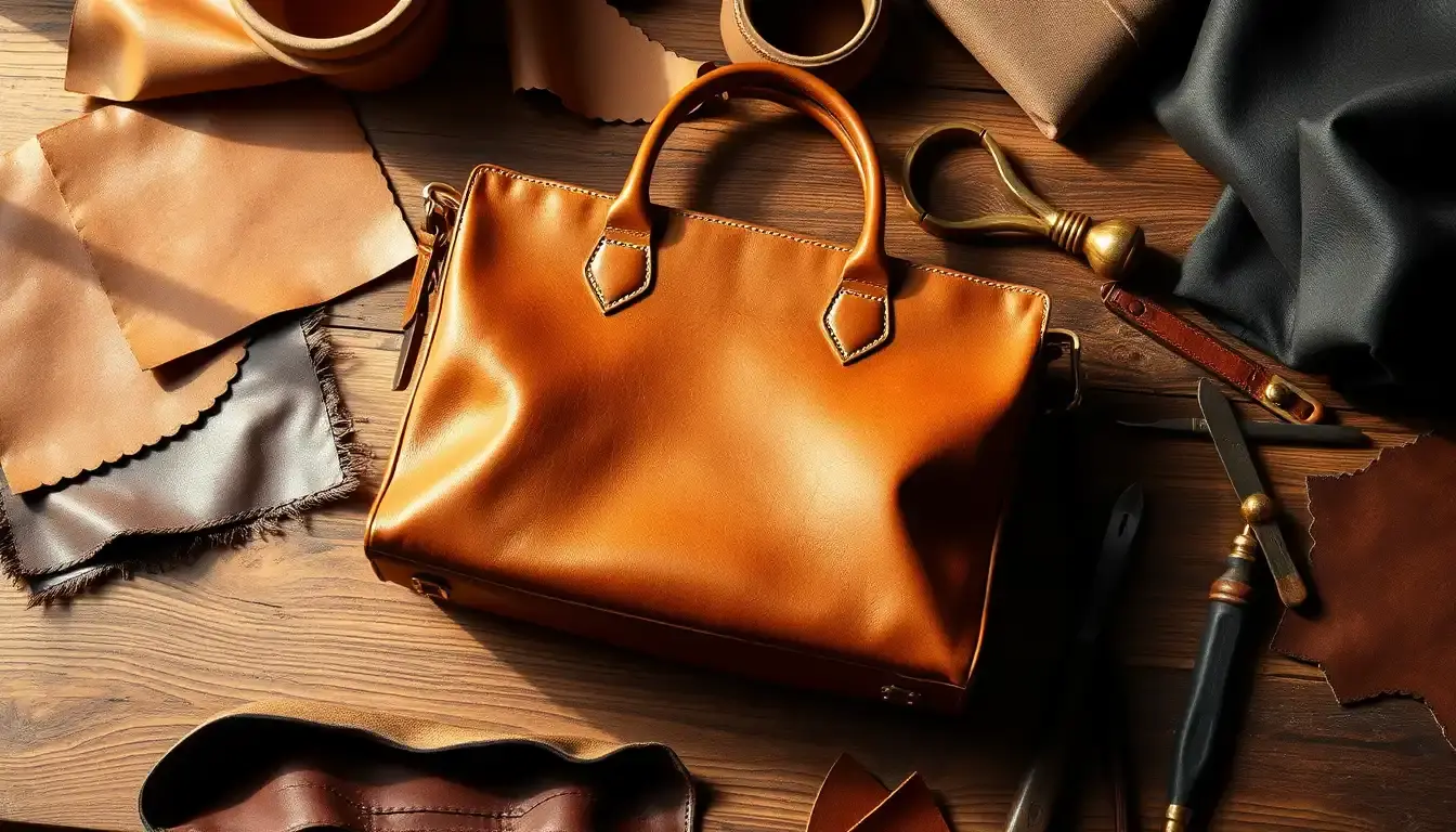 Elegante borsa pelle donna in pieno fiore su tavolo artigianale con dettagli di lavorazione