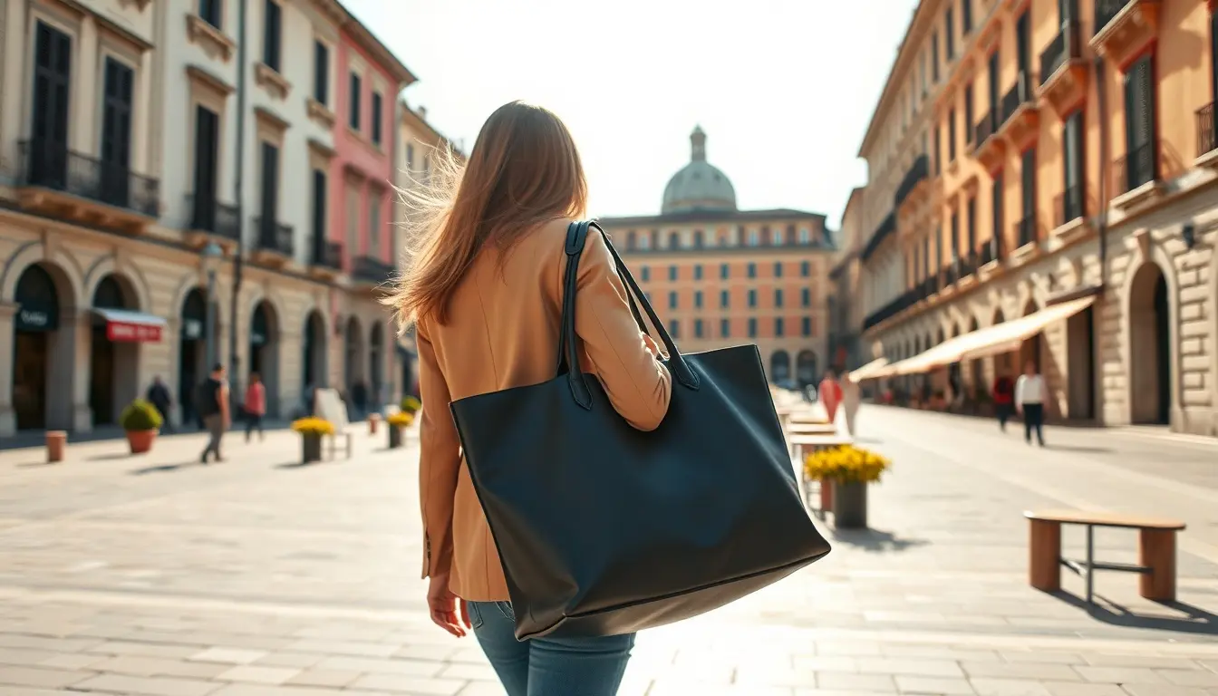 Donna elegante con borsa in pelle nera di alta qualità in una piazza soleggiata