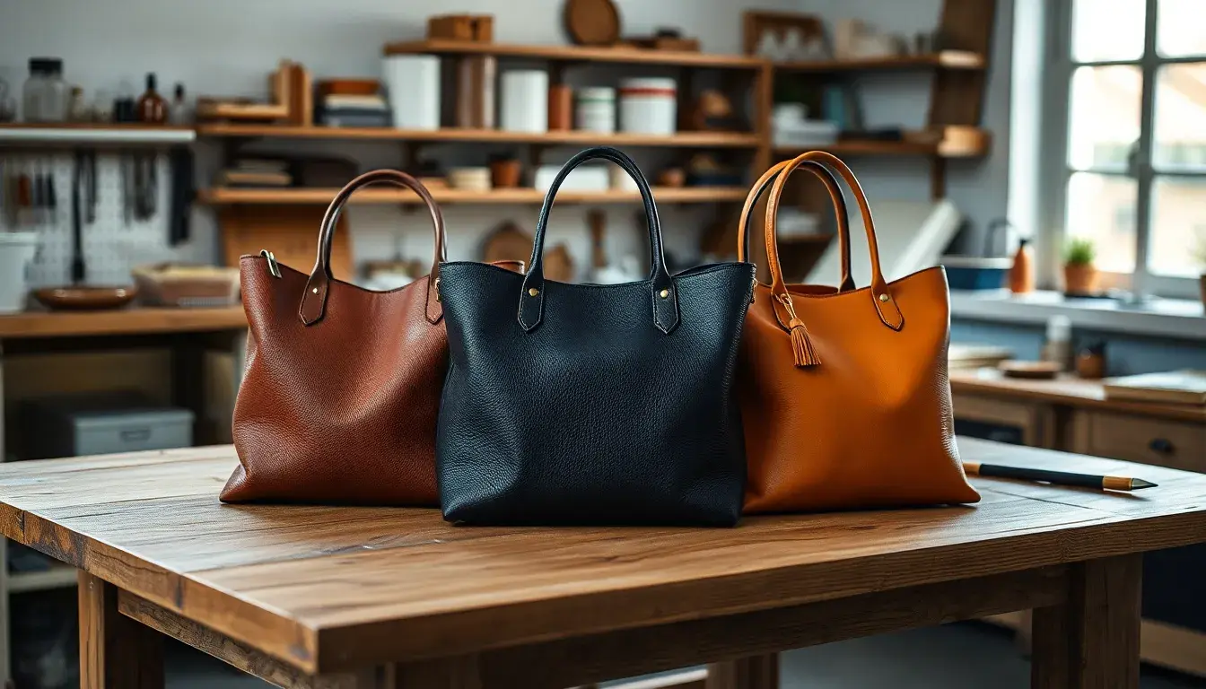 Selezione di borse pelle artigianali in diversi stili e colori su tavolo in legno.