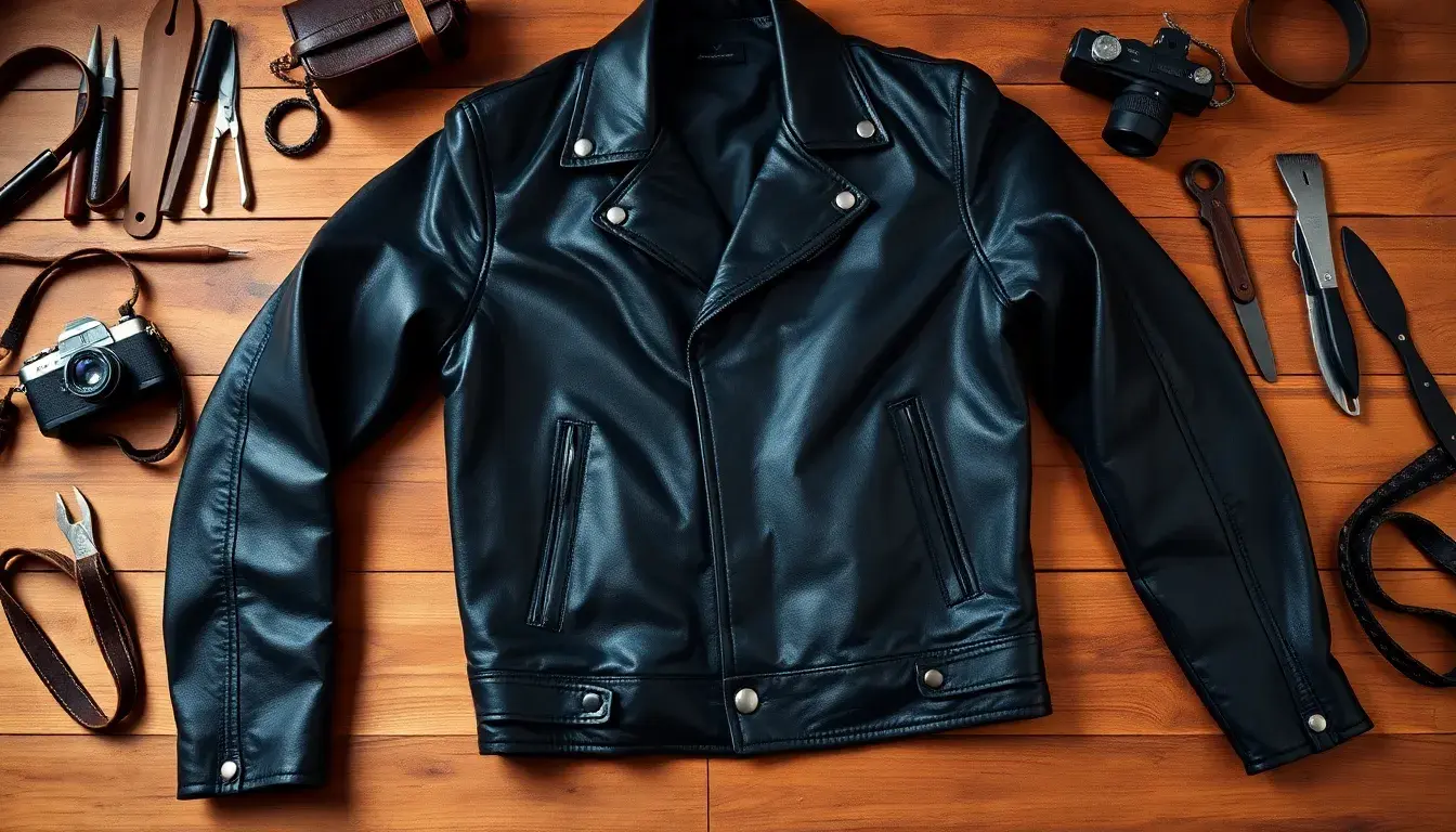 Giacca in pelle uomo nera stile biker su tavolo in legno con attrezzi artigianali.