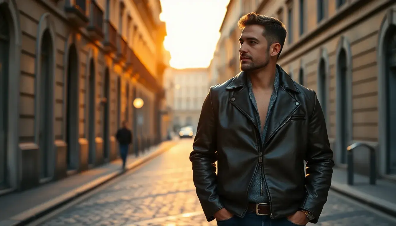 Uomo elegante con giubbotto in pelle pieno fiore in una strada urbana