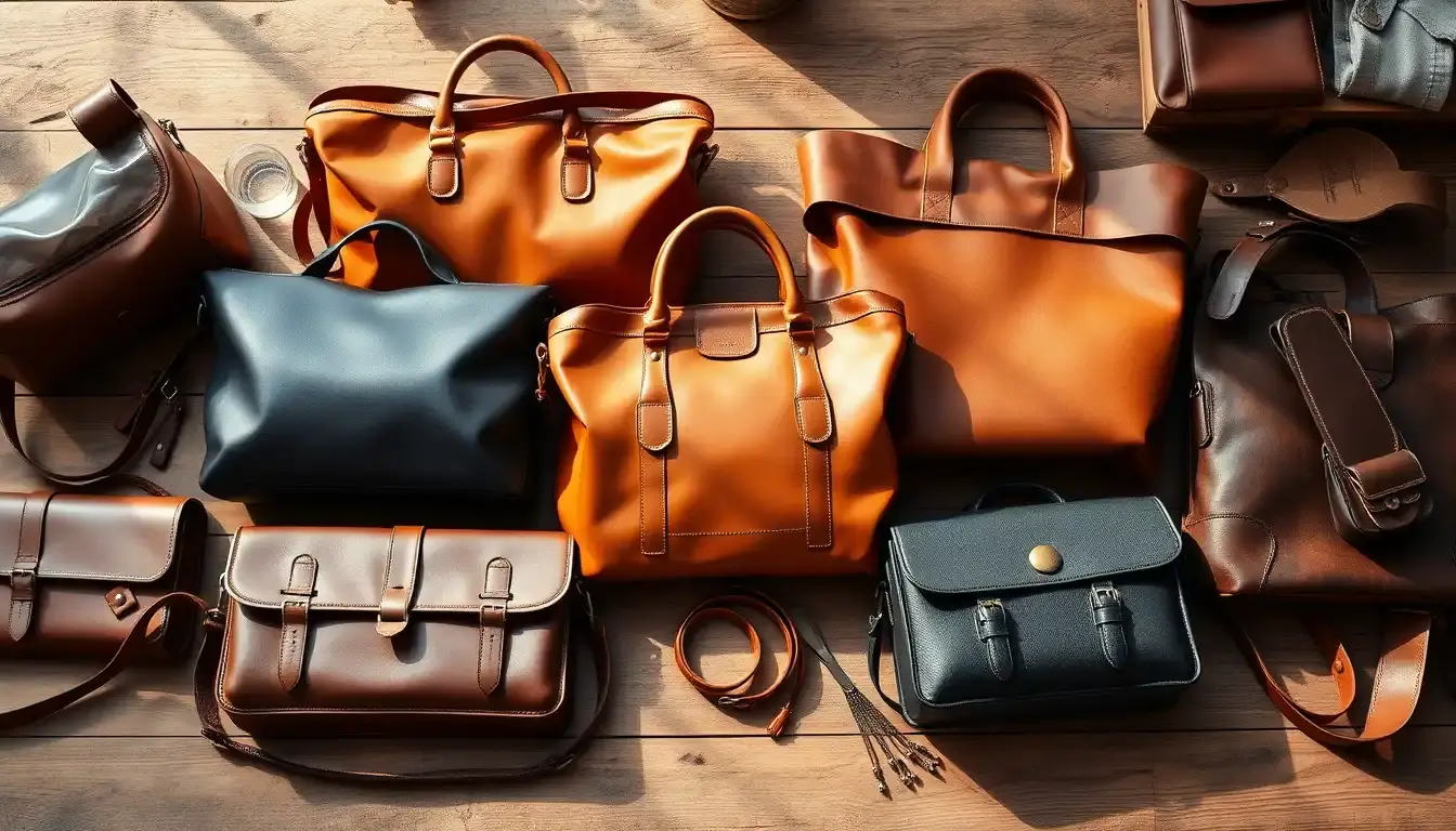 Diverse borse in pelle di alta qualità in vari colori su un tavolo di legno