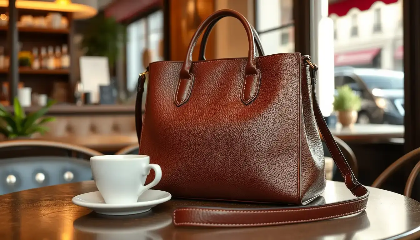 Borsa a tracolla in pelle marrone artigianale con venature naturali visibili
