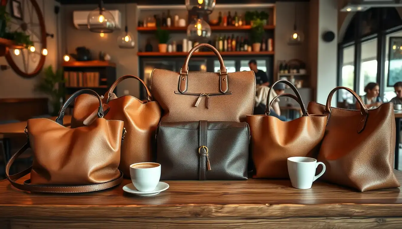 Varie borse in pelle donna di alta qualità disposte elegantemente in un ambiente urbano