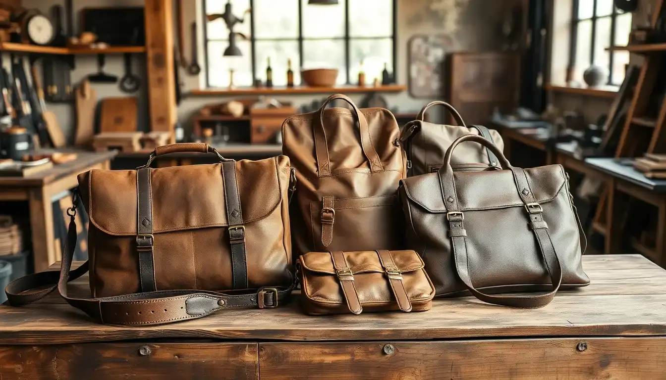 Collezione di borse in pelle per uomo di alta qualità in un laboratorio artigianale