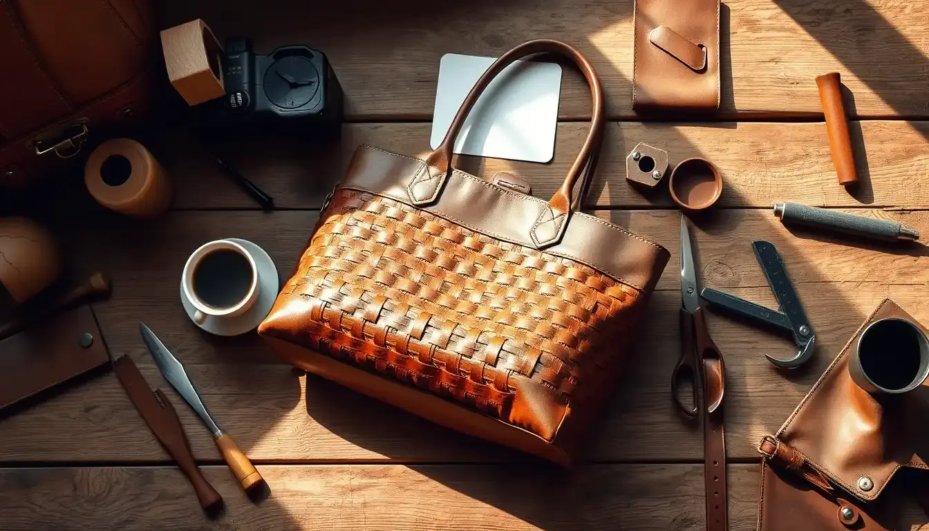 Borsa intrecciata in pelle marrone artigianale su tavolo in legno con attrezzi da cucito