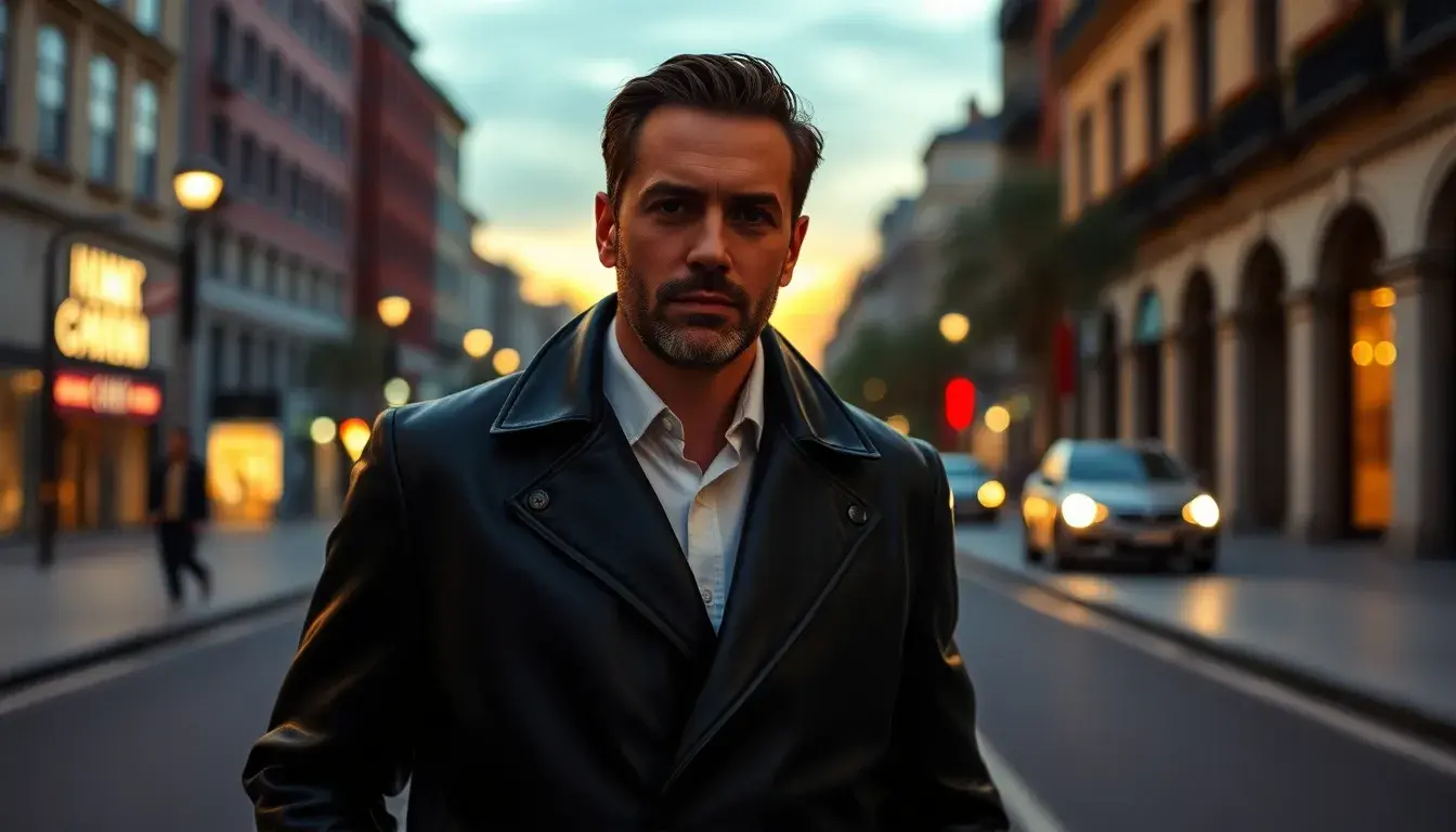 Giacca in pelle uomo nera di alta qualità indossata in un contesto urbano elegante