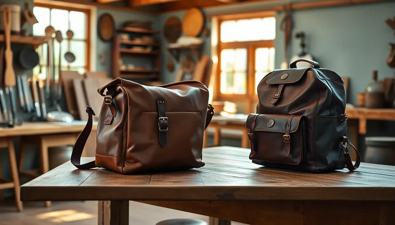 Borse pelle da uomo in stile vintage su un tavolo di legno artigianale