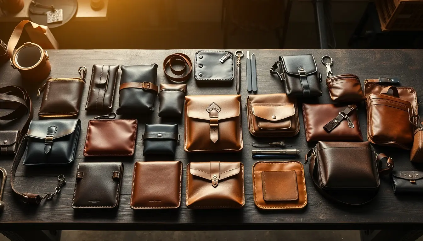 Diversi borselli di pelle da uomo eleganti su un tavolo da lavoro in legno