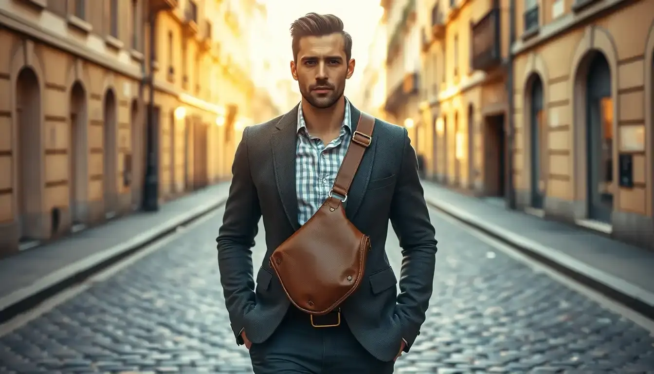 Borsello uomo in pelle marrone indossato da un uomo in abbigliamento smart-casual in una strada urbana