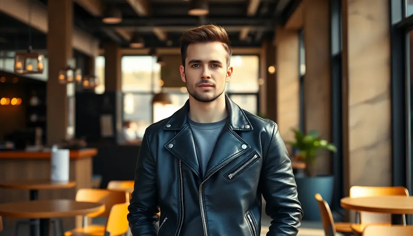 Uomo con giacca di pelle biker di alta qualità in un caffè moderno