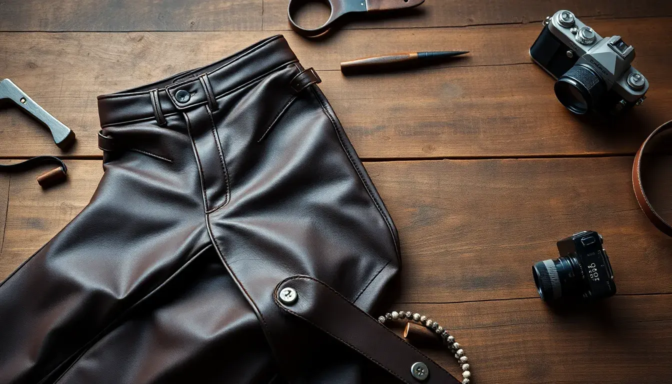 Pantaloni in pelle uomo di alta qualità in stile flat-lay su legno rustico.