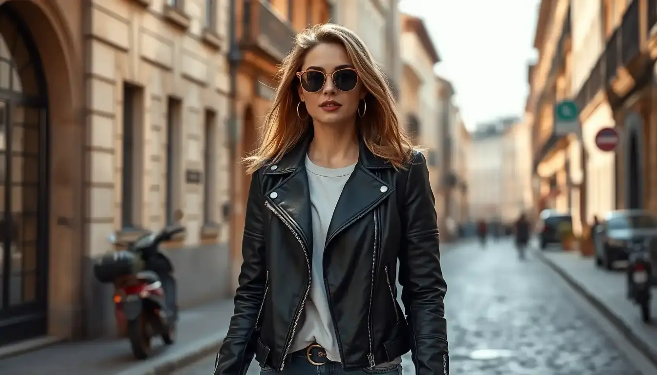 Elegante giacca pelle donna nera indossata in un contesto urbano moderno