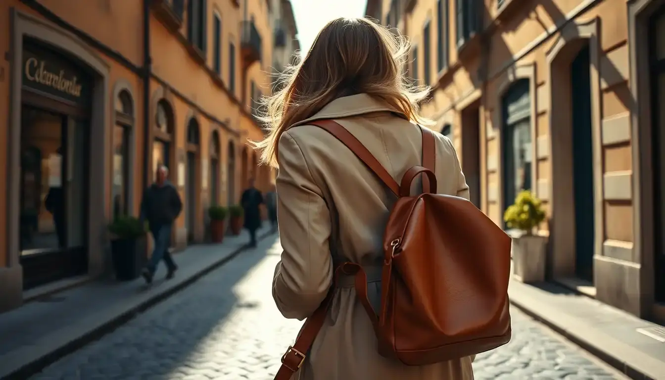 Zaino in pelle donna marrone conciato al vegetale su sfondo urbano elegante