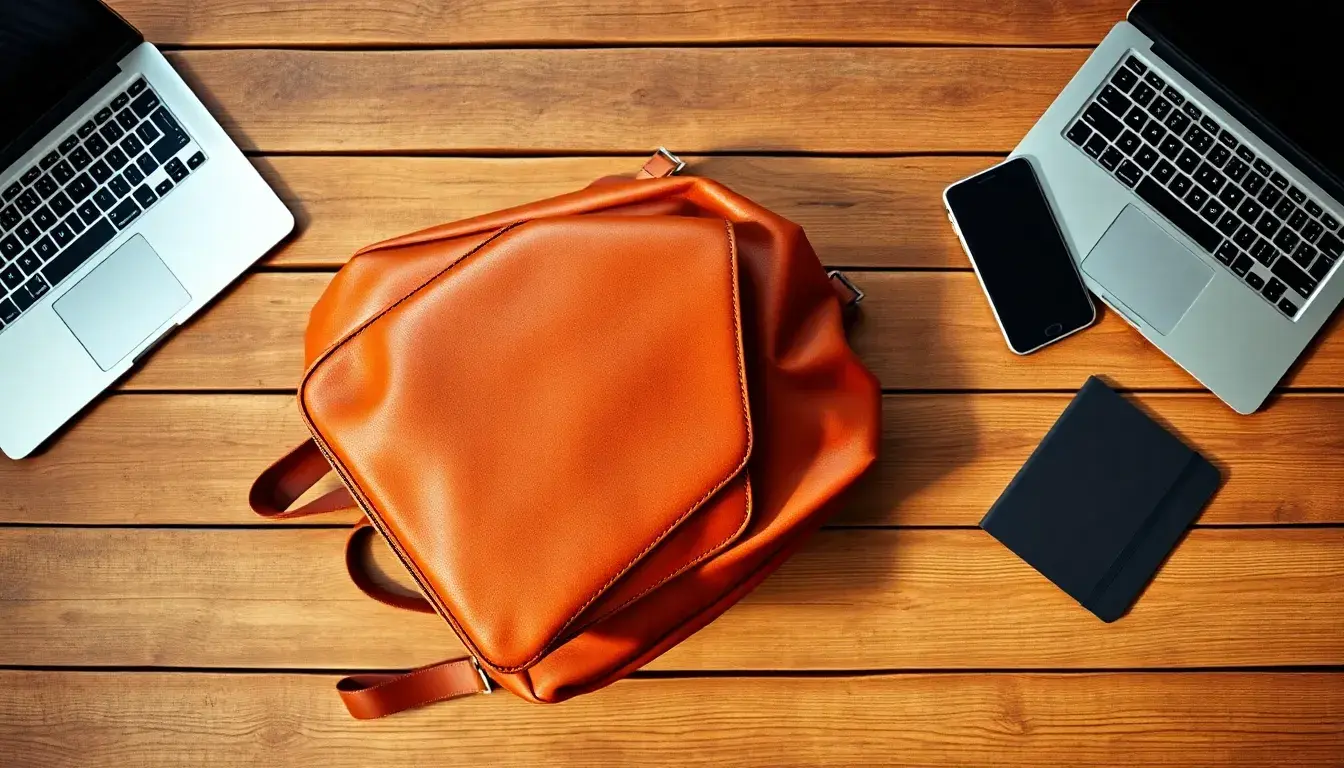Zaino uomo in pelle pieno fiore color cognac su tavolo di legno con laptop e accessori