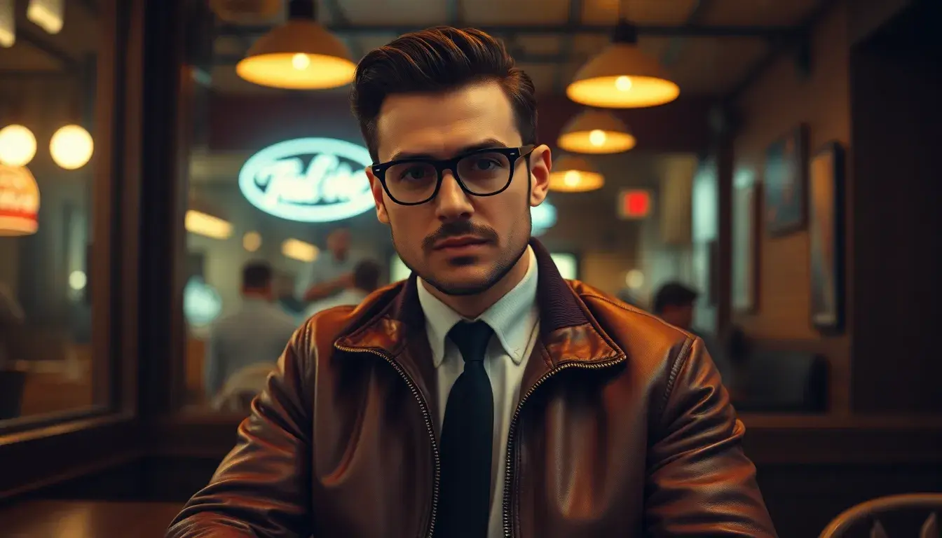 Uomo con bomber di pelle marrone stile vintage in un contesto urbano moderno
