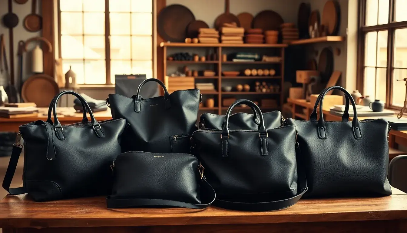 Collezione di borse in pelle nera di alta qualità in un laboratorio artigianale