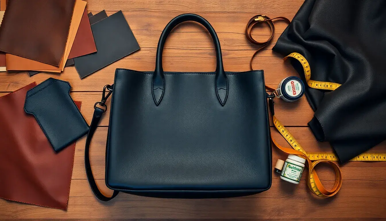 Borsa nera di pelle di alta qualità su un tavolo da lavoro artigianale con strumenti di sartoria.