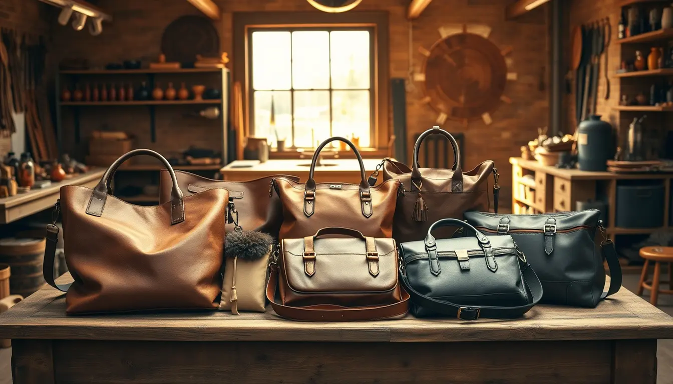 Collezione di borse in pelle di diversi stili su un tavolo di legno artigianale
