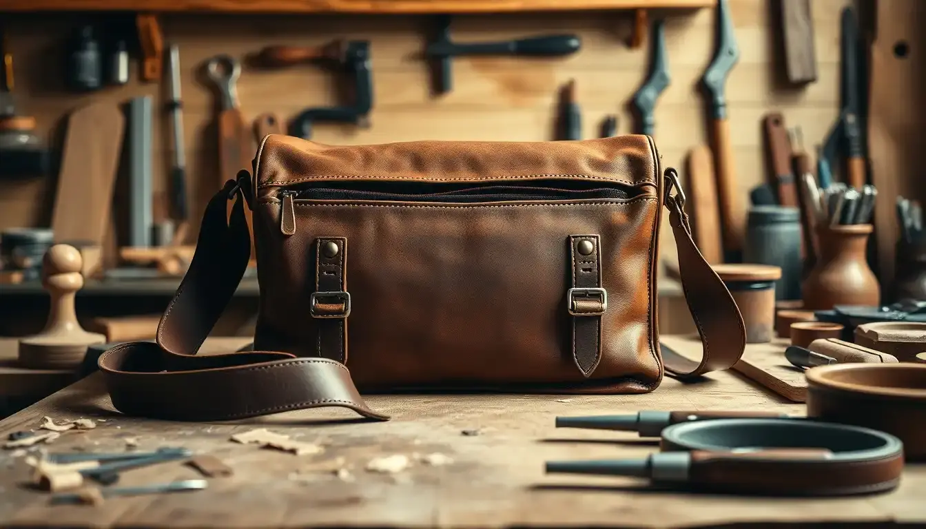 Borsa tracolla in pelle marrone di alta qualità su tavolo da lavoro artigianale