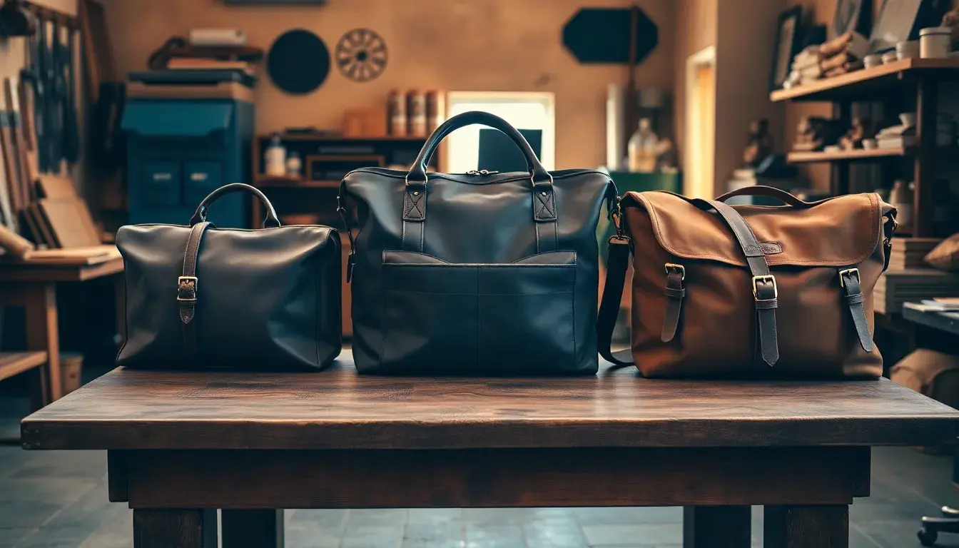 Collezione di borse di pelle uomo artigianali su un tavolo di legno in un laboratorio.