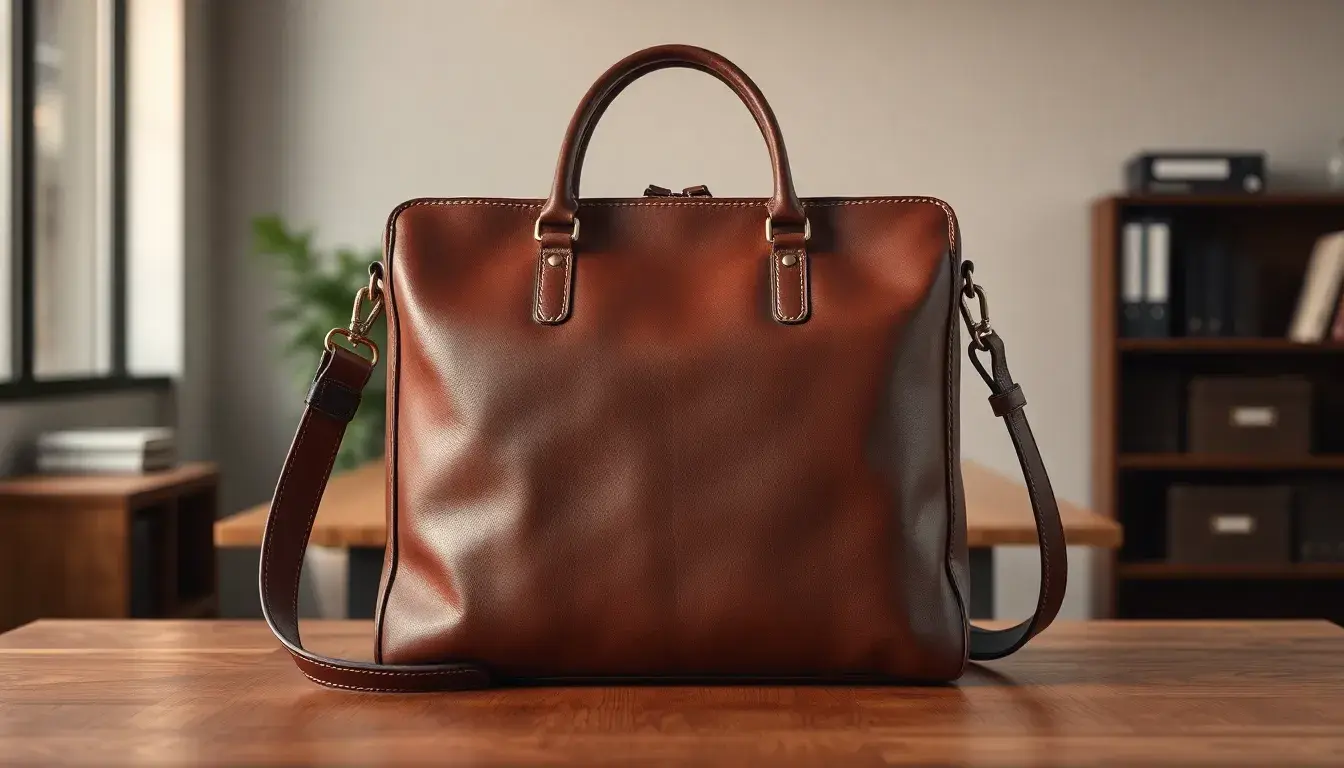Borsa in pelle da uomo artigianale marrone in un ambiente ufficio elegante