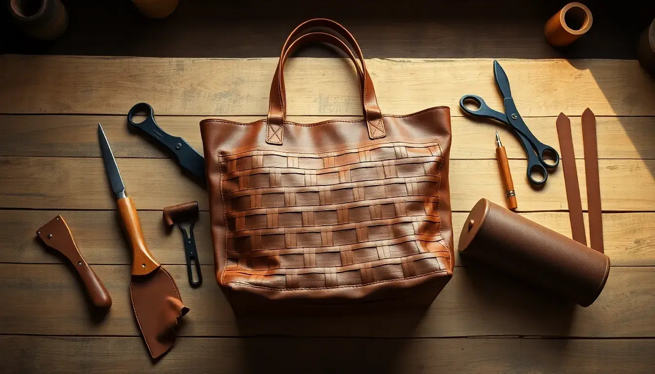 Borsa in pelle intrecciata marrone artigianale su tavolo di legno con attrezzi da pelletteria