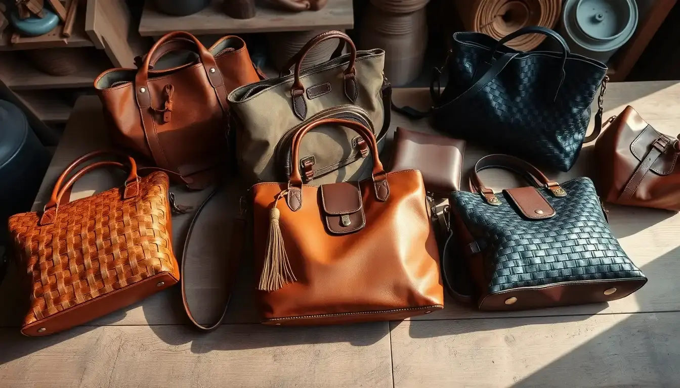 Collezione di borse intrecciate pelle in vari colori su tavolo di legno.