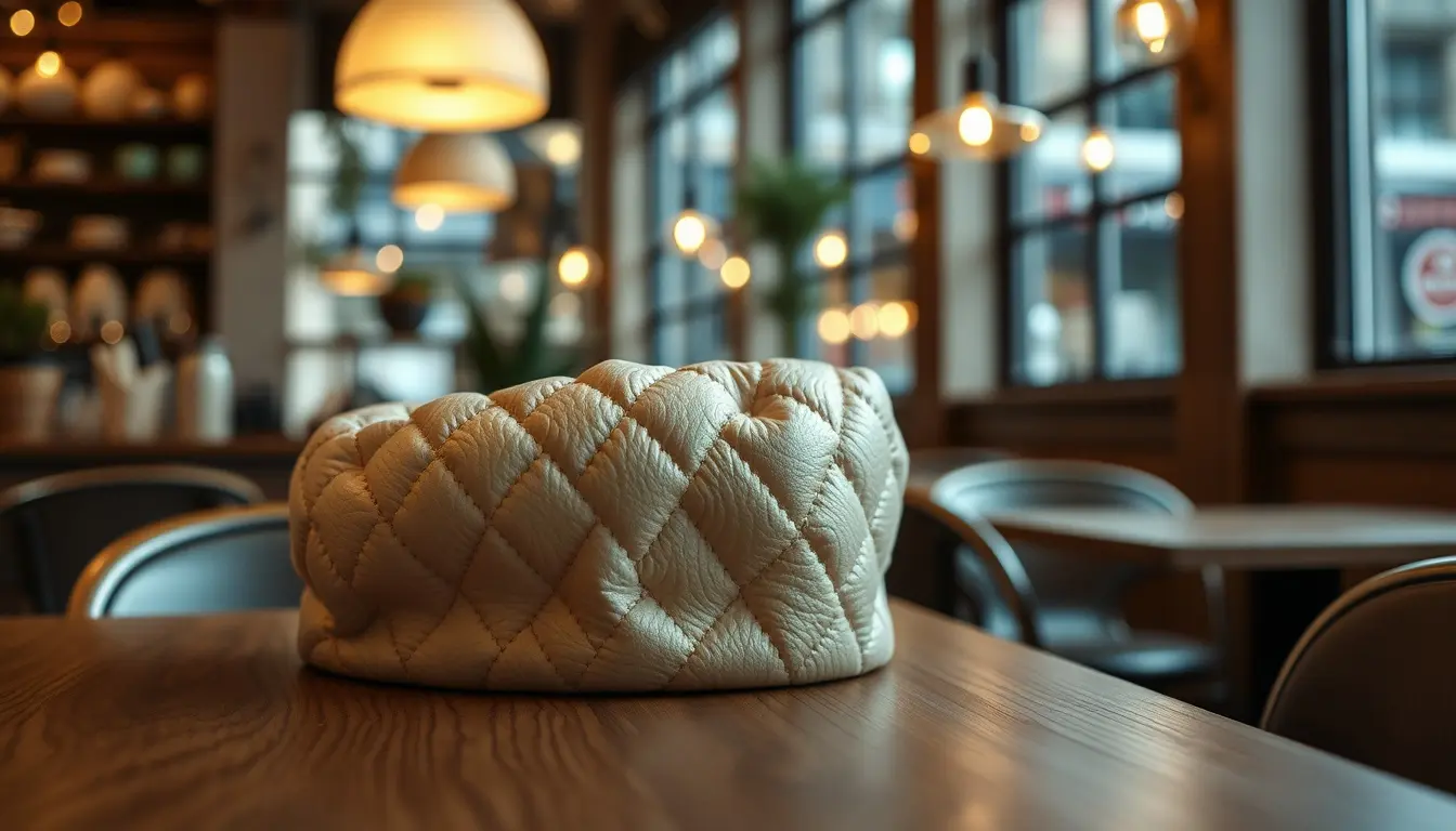 Borsello pelle marrone artigianale su tavolo in legno in un ambiente urbano moderno